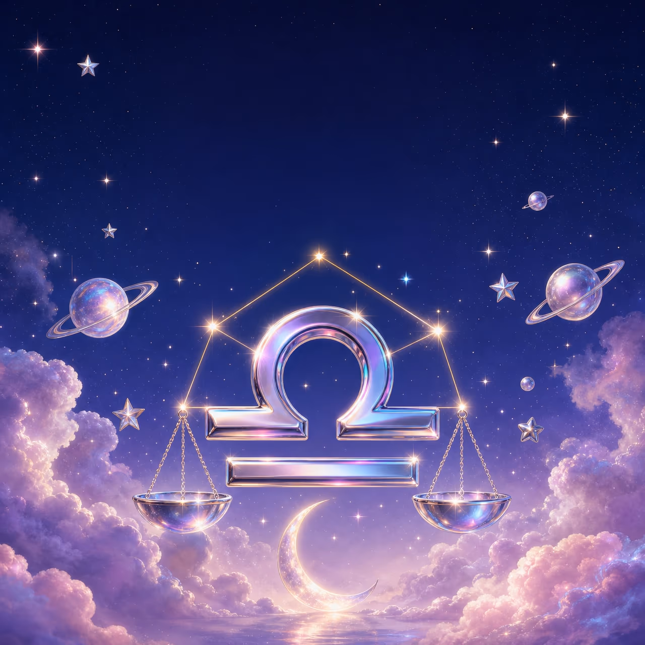 Cartaz celestial de aniversário na temporada de Libra, com a balança e estrelas