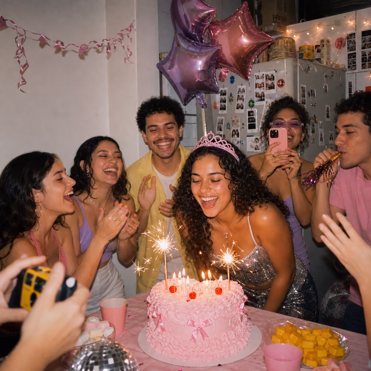 Amigos cantando parabéns ao redor do bolo numa festa de aniversário de 21 anos
